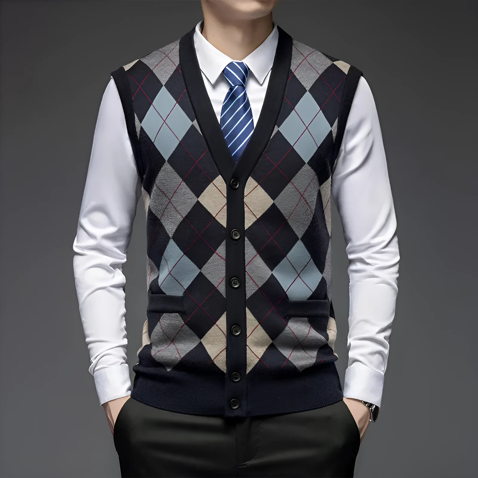 Men's knitted sleeveless V-neck vest in light camel with two front pockets, cotton blend jacquard fabric