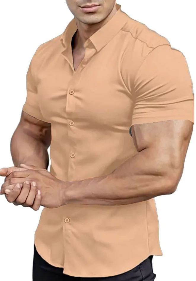 Men's short sleeve printed casual shirt in polyester with collar and cardigan style