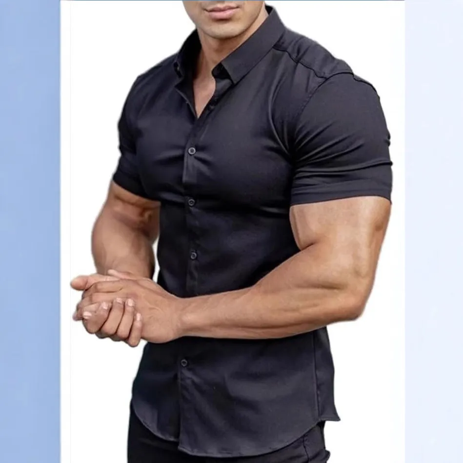 Men's short sleeve printed casual shirt in polyester with collar and cardigan style