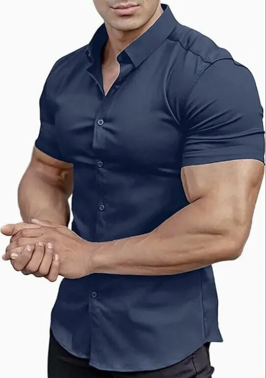Men's short sleeve printed casual shirt in polyester with collar and cardigan style