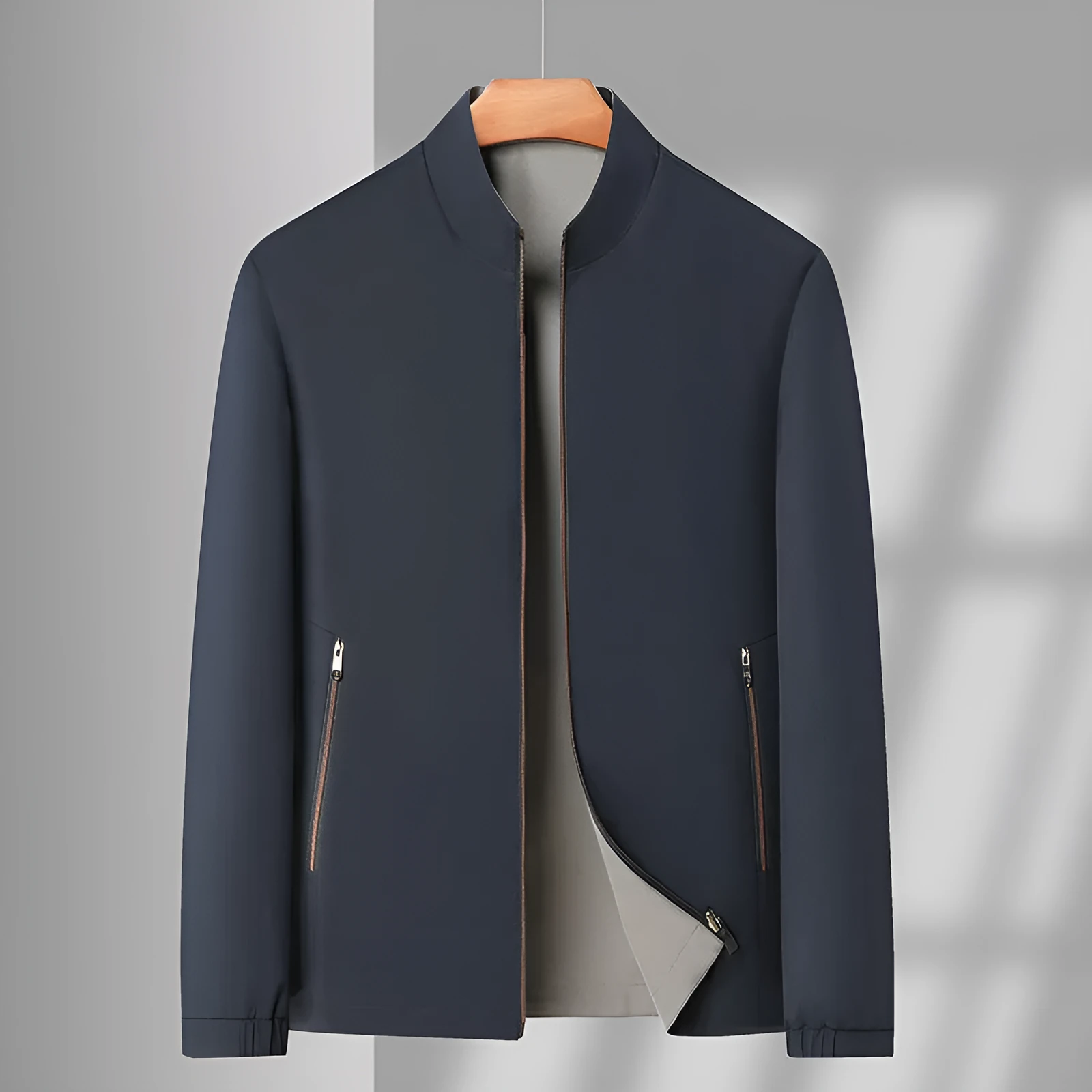 Men's double-sided stand collar casual loose windproof jacket in solid colour, size stick pockets, polyester fibre, front view