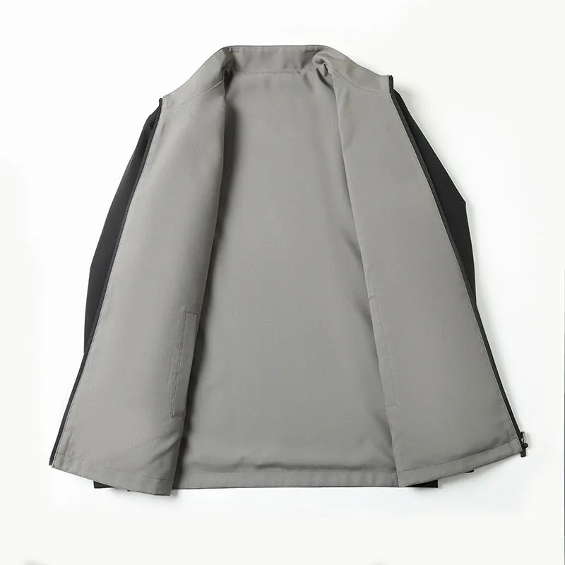 Men's double-sided stand collar casual loose windproof jacket in solid colour, size stick pockets, polyester fibre, front view