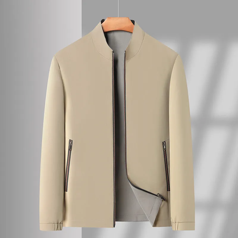 Men's double-sided stand collar casual loose windproof jacket in solid colour, size stick pockets, polyester fibre, front view