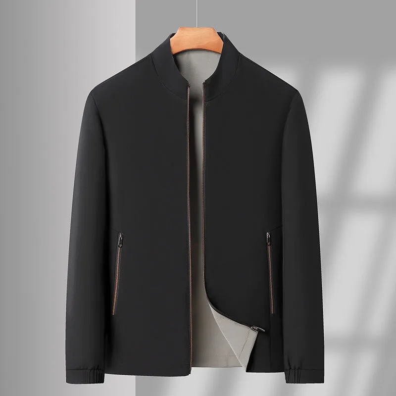 Men's double-sided stand collar casual loose windproof jacket in solid colour, size stick pockets, polyester fibre, front view
