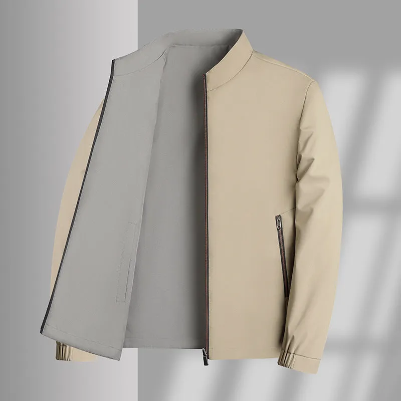 Men's double-sided stand collar casual loose windproof jacket in solid colour, size stick pockets, polyester fibre, front view