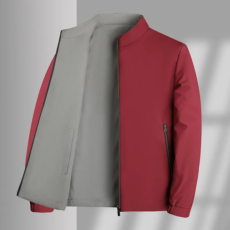 Men's double-sided stand collar casual loose windproof jacket in solid colour, size stick pockets, polyester fibre, front view