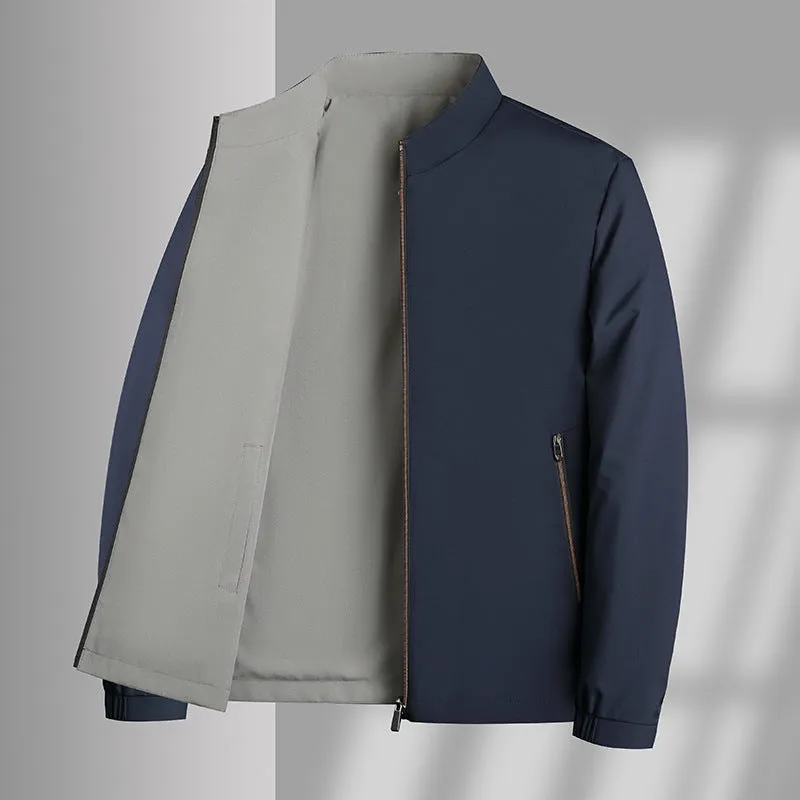 Men's double-sided stand collar casual loose windproof jacket in solid colour, size stick pockets, polyester fibre, front view