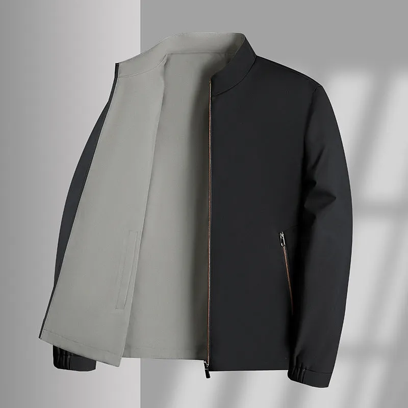 Men's double-sided stand collar casual loose windproof jacket in solid colour, size stick pockets, polyester fibre, front view