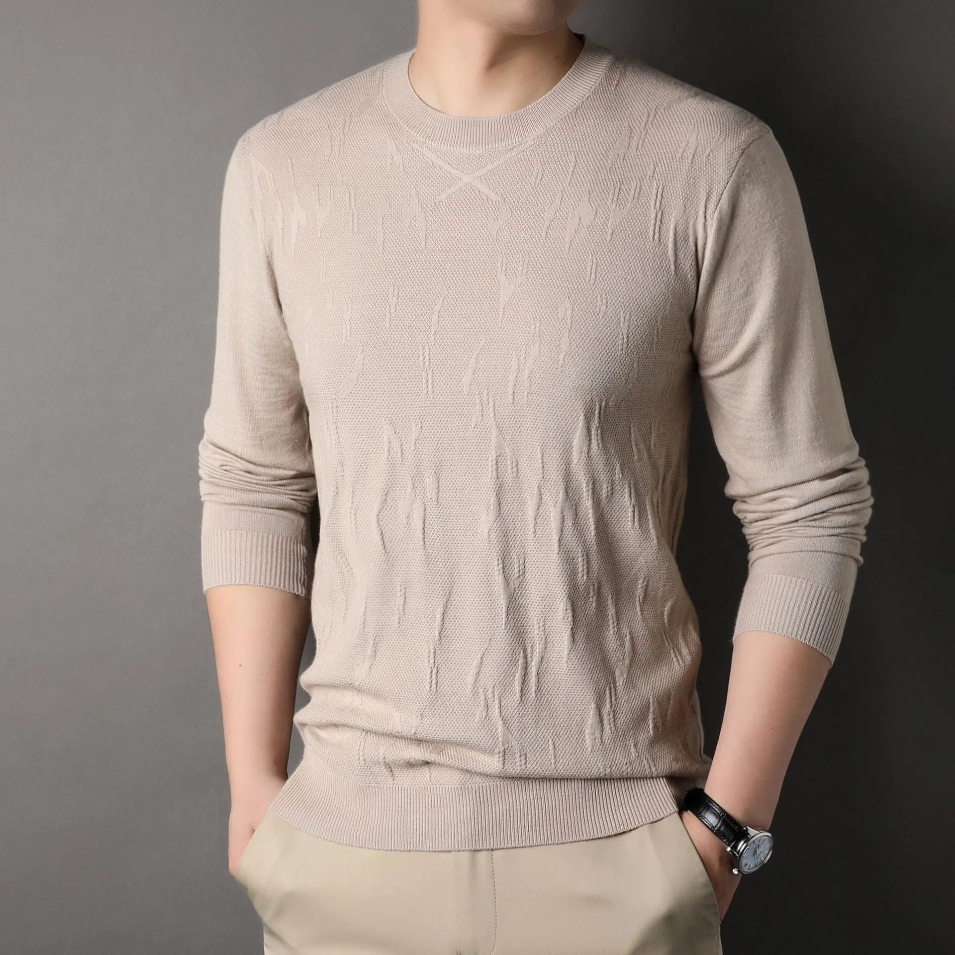 Men's loose fit solid colour polyester sweater in black, long sleeves, spring autumn casual wear