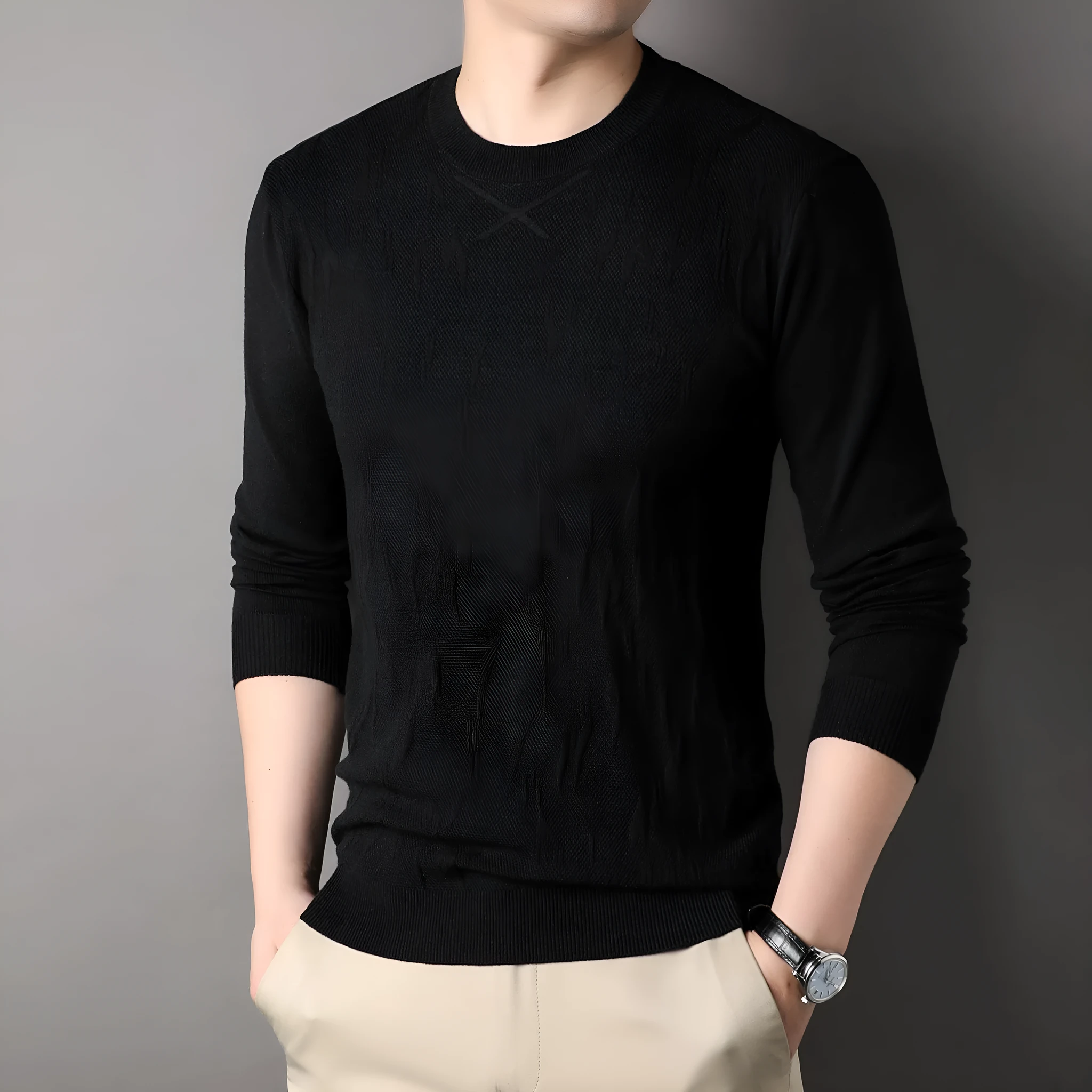 Men's loose fit solid colour polyester sweater in black, long sleeves, spring autumn casual wear