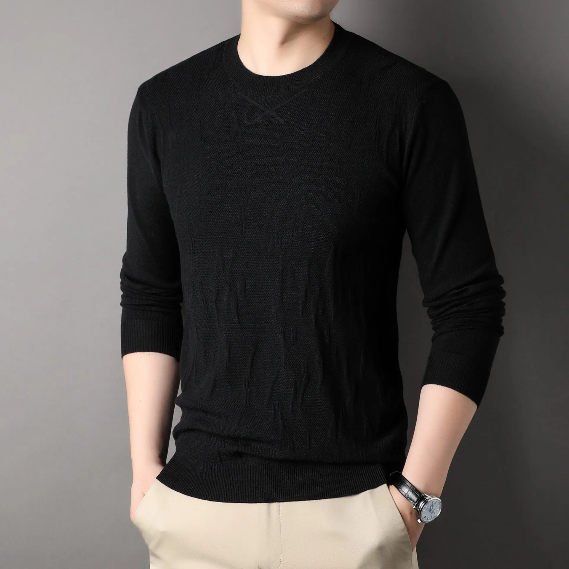Men's loose fit solid colour polyester sweater in black, long sleeves, spring autumn casual wear