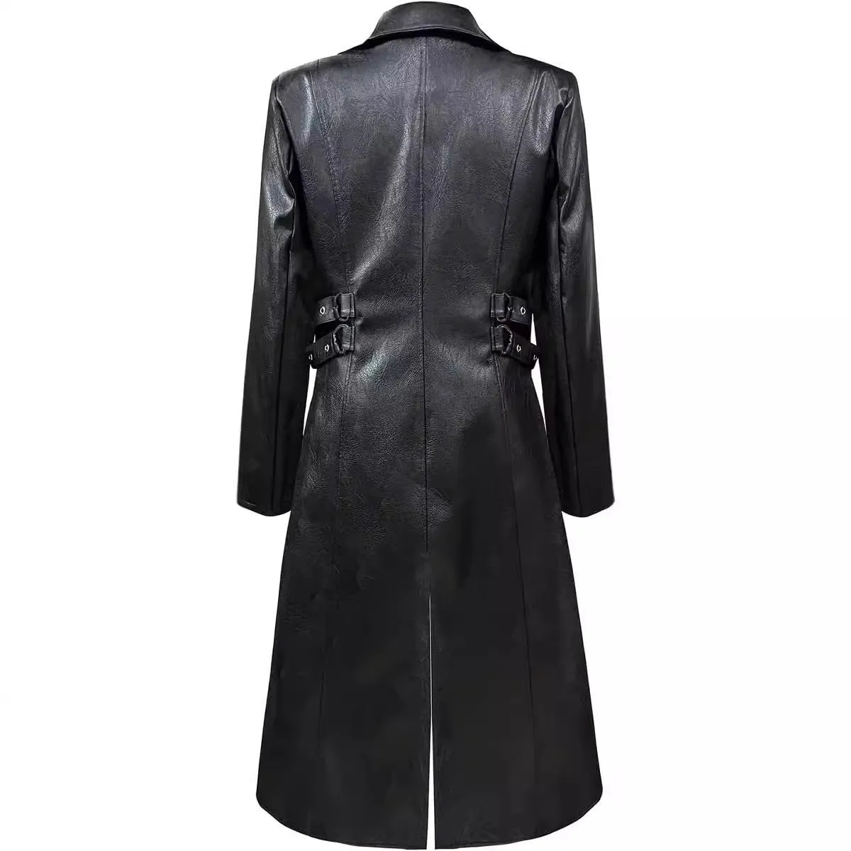 Mid-length retro PU leather trench coat in black, European style with medieval inspiration, sizes S-XXXL