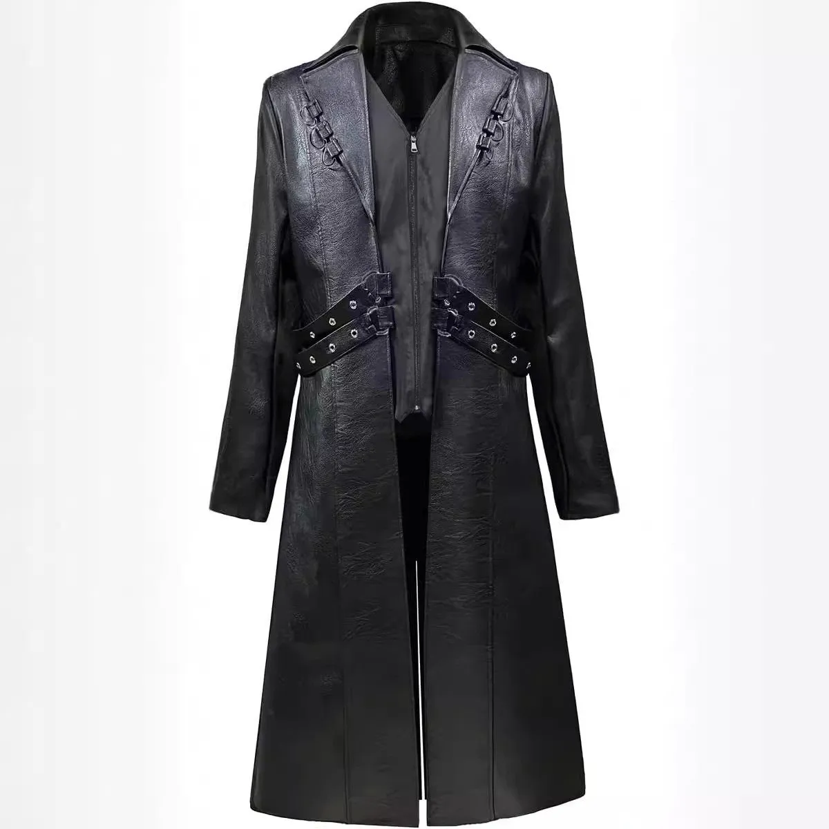 Mid-length retro PU leather trench coat in black, European style with medieval inspiration, sizes S-XXXL