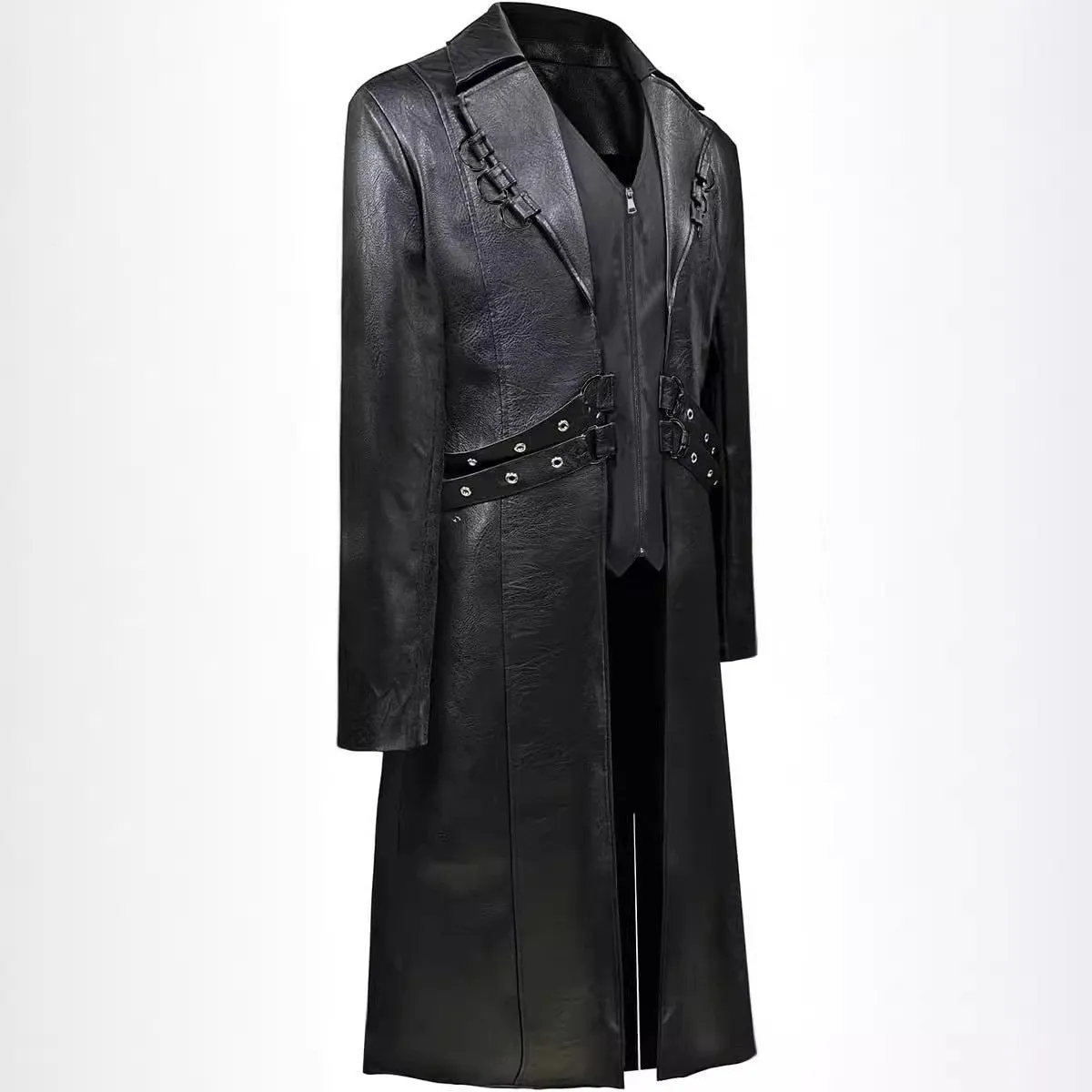 Mid-length retro PU leather trench coat in black, European style with medieval inspiration, sizes S-XXXL