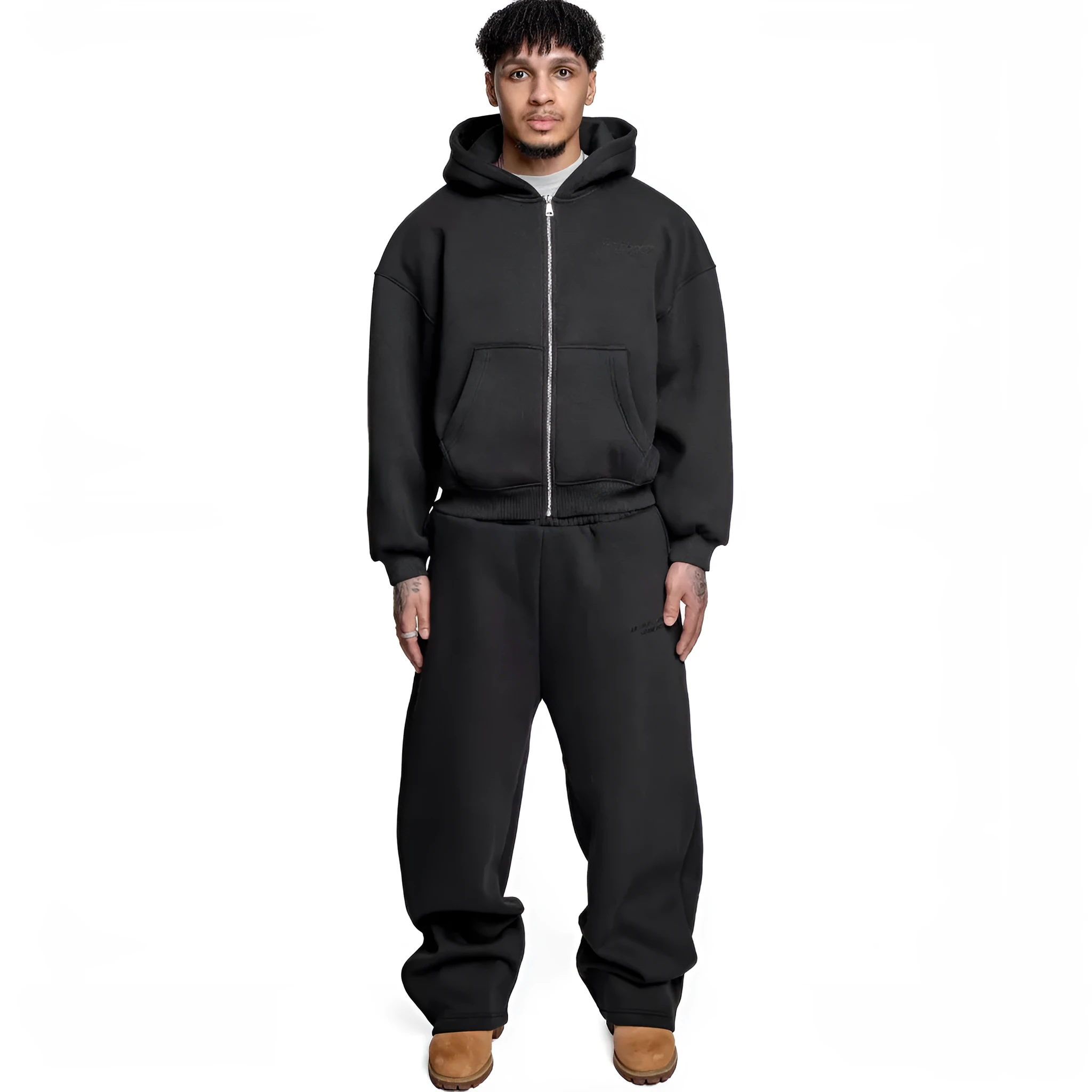 Printed street fashion two-piece suit with letter pattern sweater and loose straight trousers in black