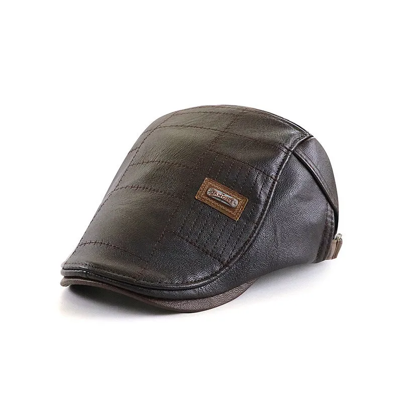 Fashionable all-match PU leather peaked cap with fleece lining in black, dark coffee, and light brown
