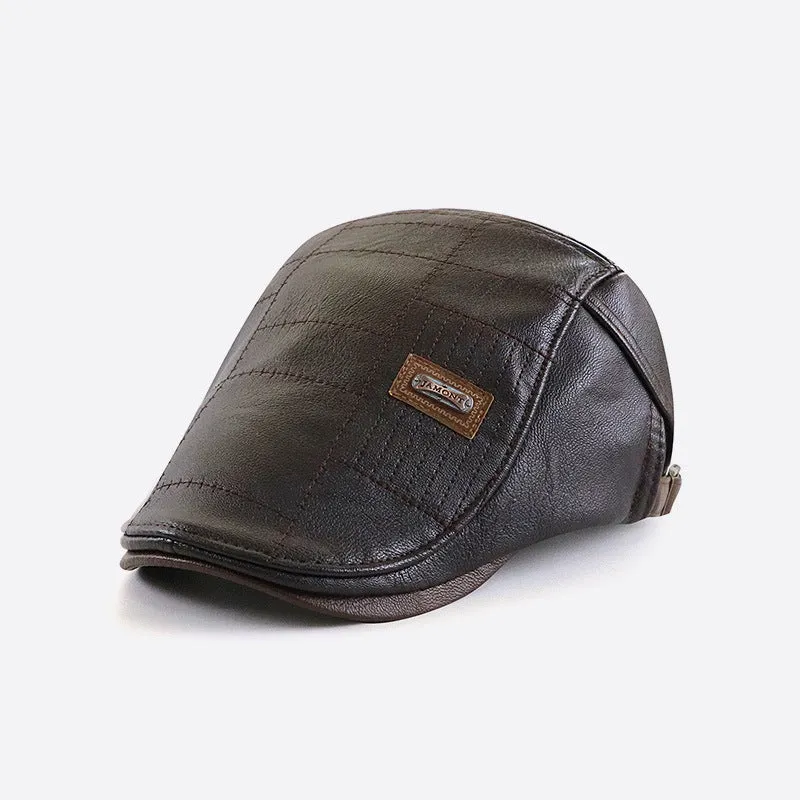 Fashionable all-match PU leather peaked cap with fleece lining in black, dark coffee, and light brown