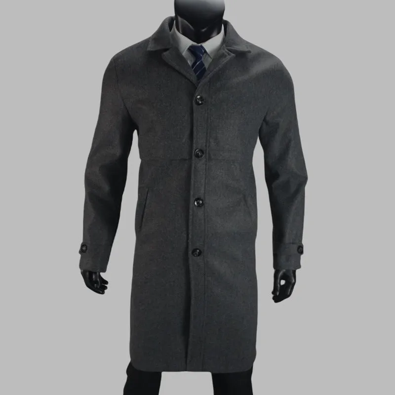 Men's plus size woolen single-breasted coat in camel, dark gray, and black with thickened polyester lining