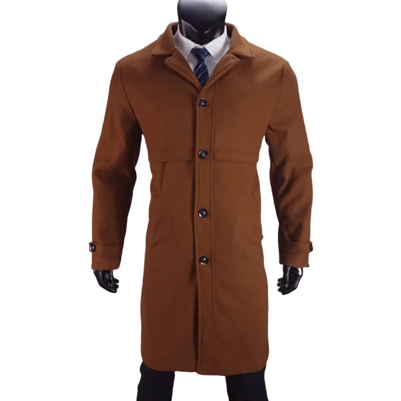 Men's plus size woolen single-breasted coat in camel, dark gray, and black with thickened polyester lining