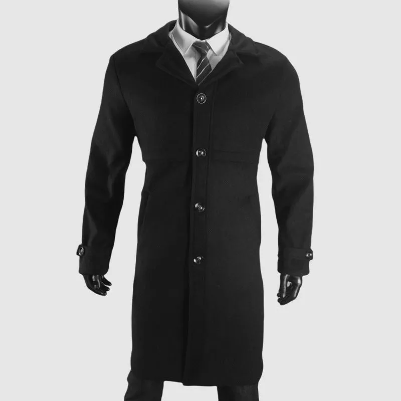 Men's plus size woolen single-breasted coat in camel, dark gray, and black with thickened polyester lining