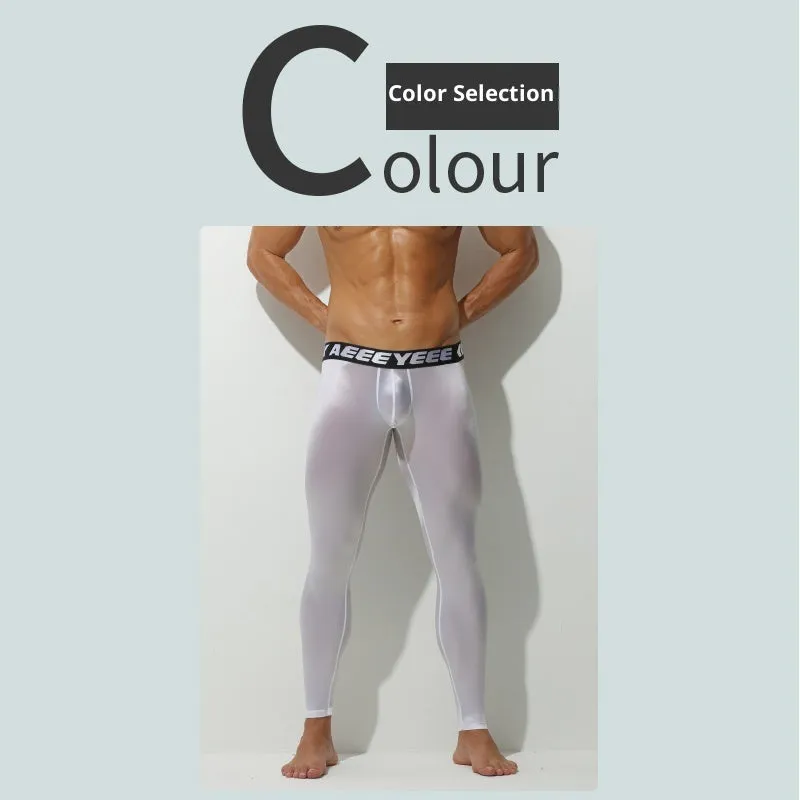 Men's ultra-thin thermal pants in black with low waist slim fit stretch nylon spandex fabric