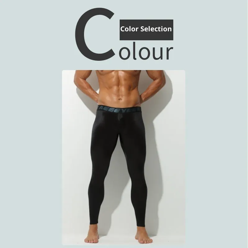 Men's ultra-thin thermal pants in black with low waist slim fit stretch nylon spandex fabric