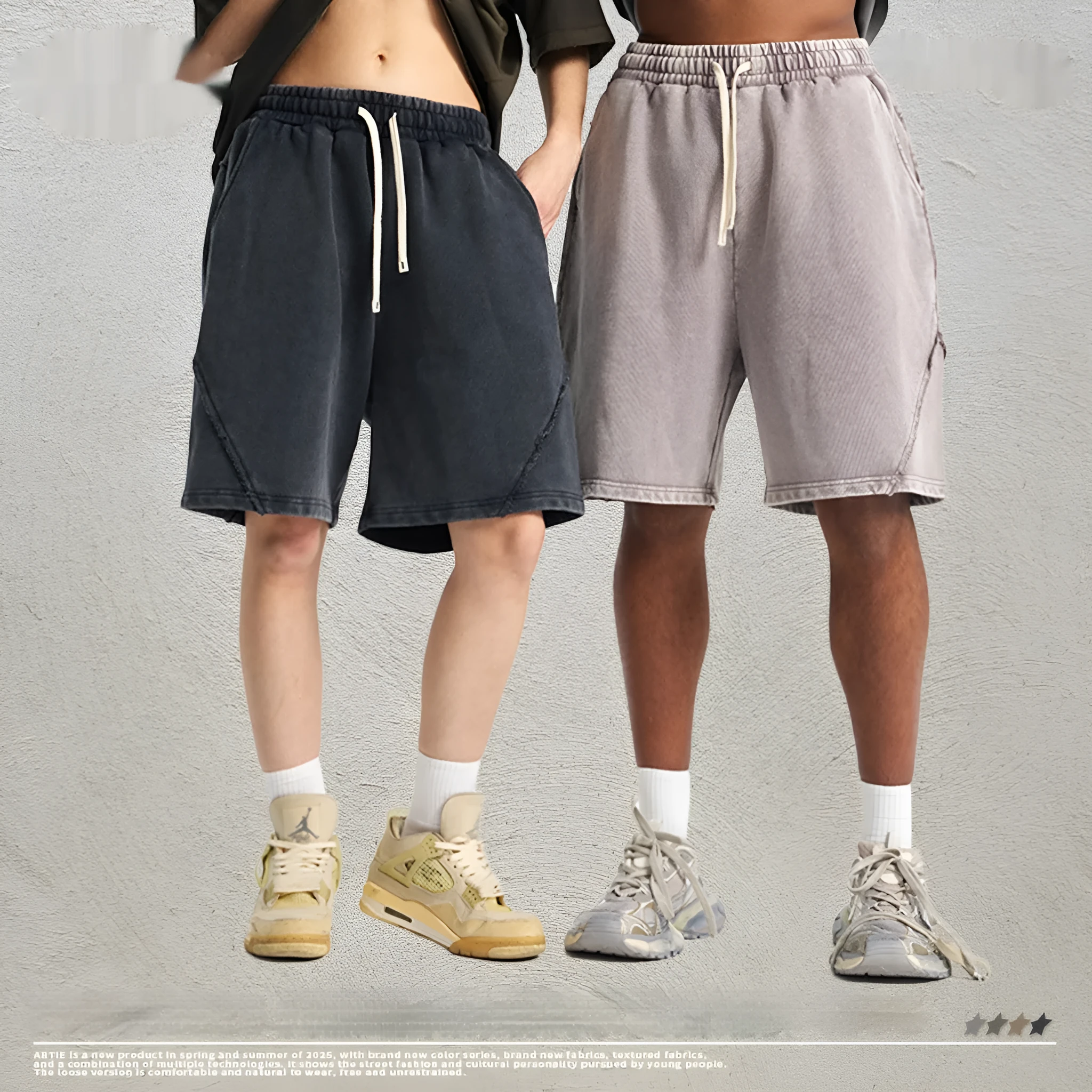 Men's batik washed cotton terry shorts in loose street fashion style showing colour variations