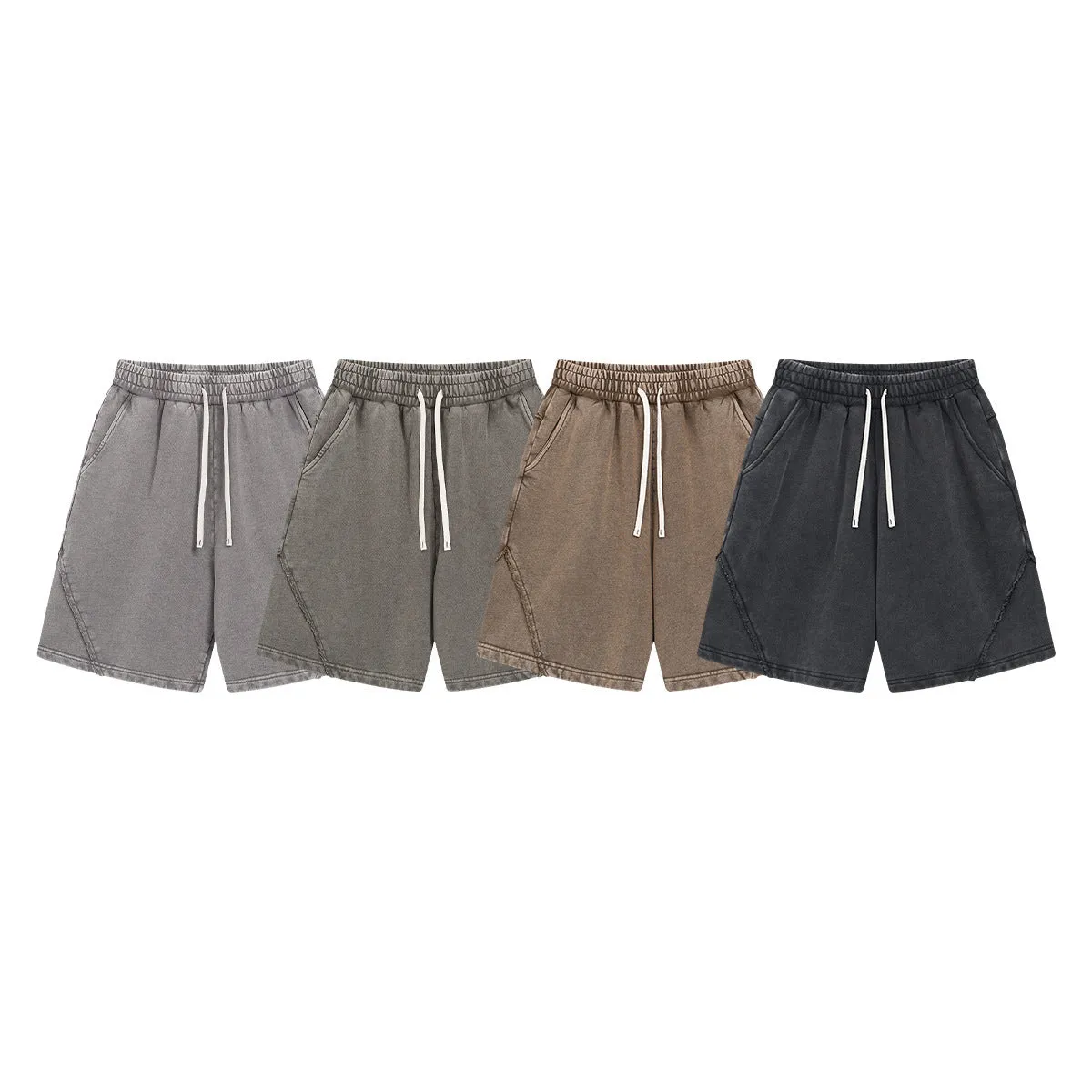 Men's batik washed cotton terry shorts in loose street fashion style showing colour variations