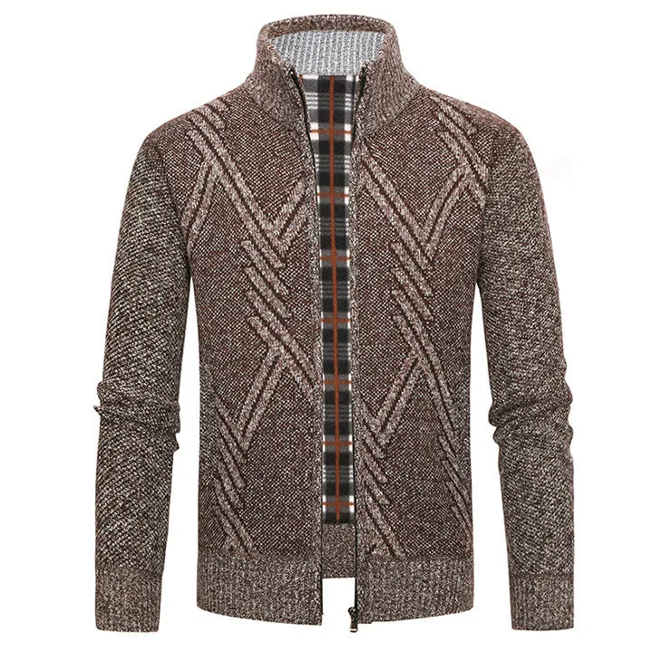 Men's thick cotton blend stand collar zipper cardigan sweater in light gray, long sleeves, size M to 3XL