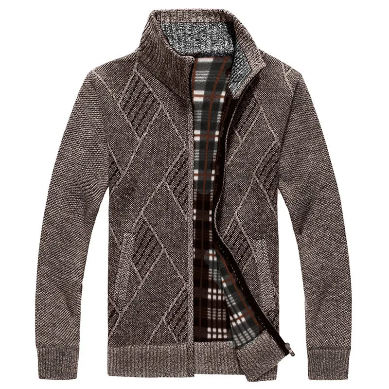 Men's thick cotton blend stand collar zipper cardigan sweater in light gray, long sleeves, size M to 3XL
