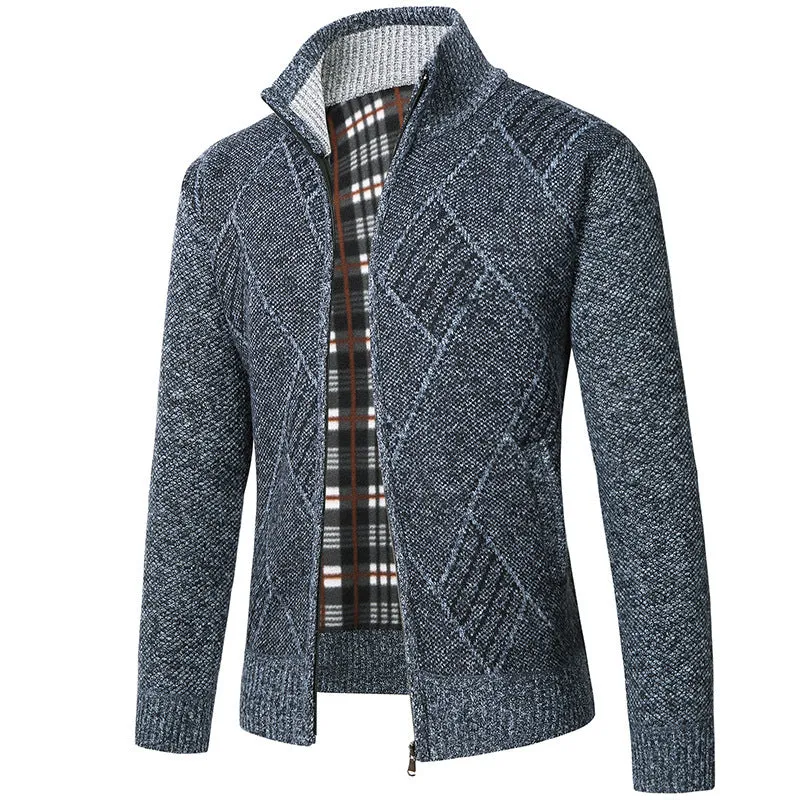 Men's thick cotton blend stand collar zipper cardigan sweater in light gray, long sleeves, size M to 3XL