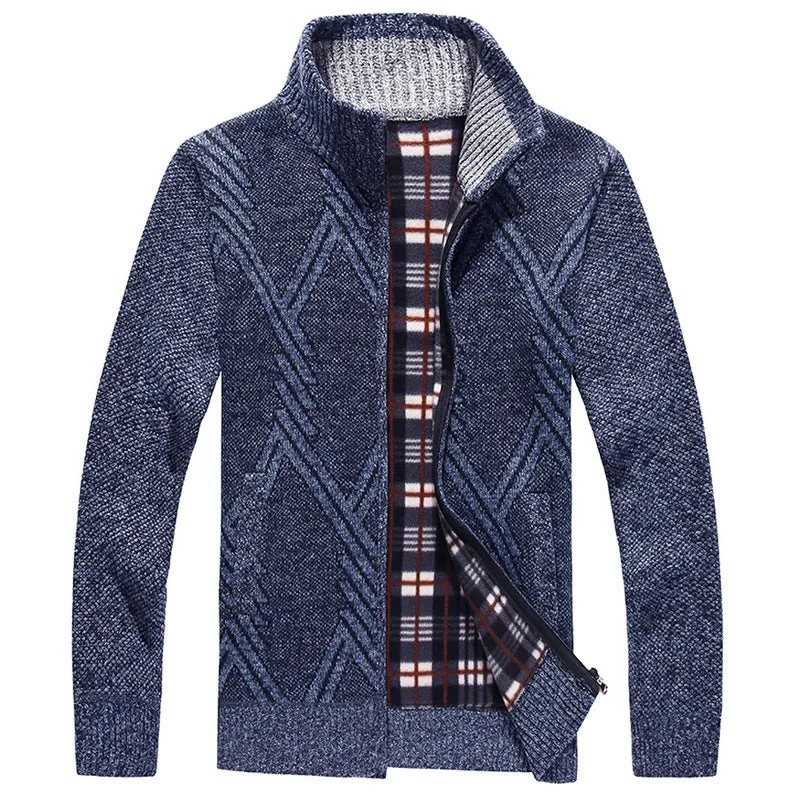 Men's thick cotton blend stand collar zipper cardigan sweater in light gray, long sleeves, size M to 3XL