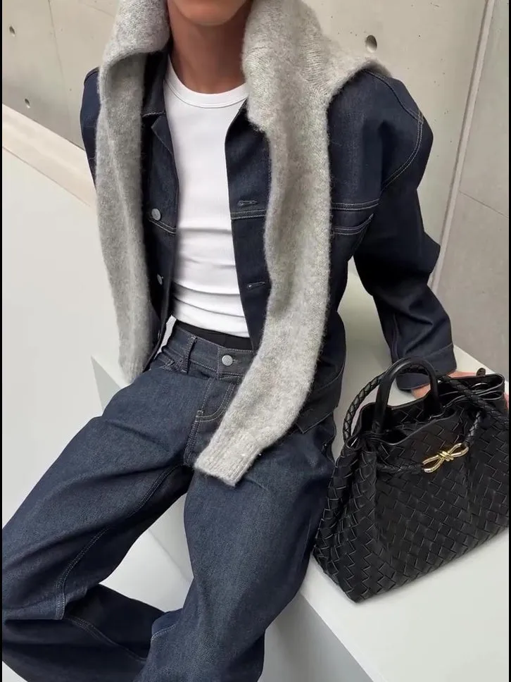 Blue denim oversized jacket and wide-leg pants set for women, casual daily wear with regular fit