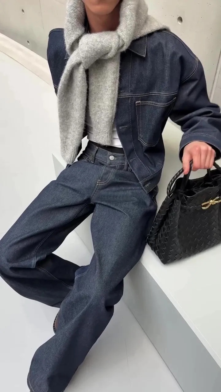 Blue denim oversized jacket and wide-leg pants set for women, casual daily wear with regular fit