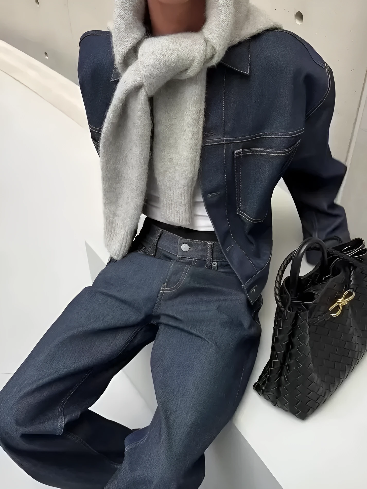 Blue denim oversized jacket and wide-leg pants set for women, casual daily wear with regular fit