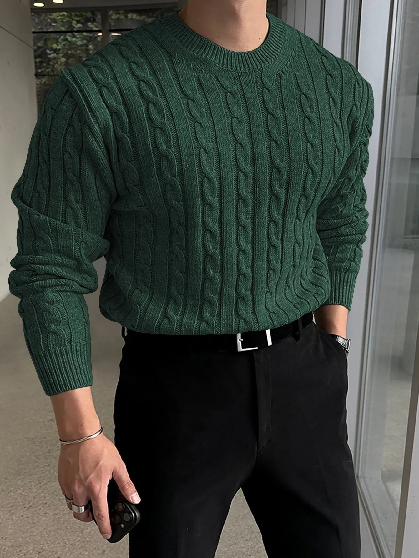 Thick knit turtleneck sweater for men in light gray, autumn winter casual pullover style