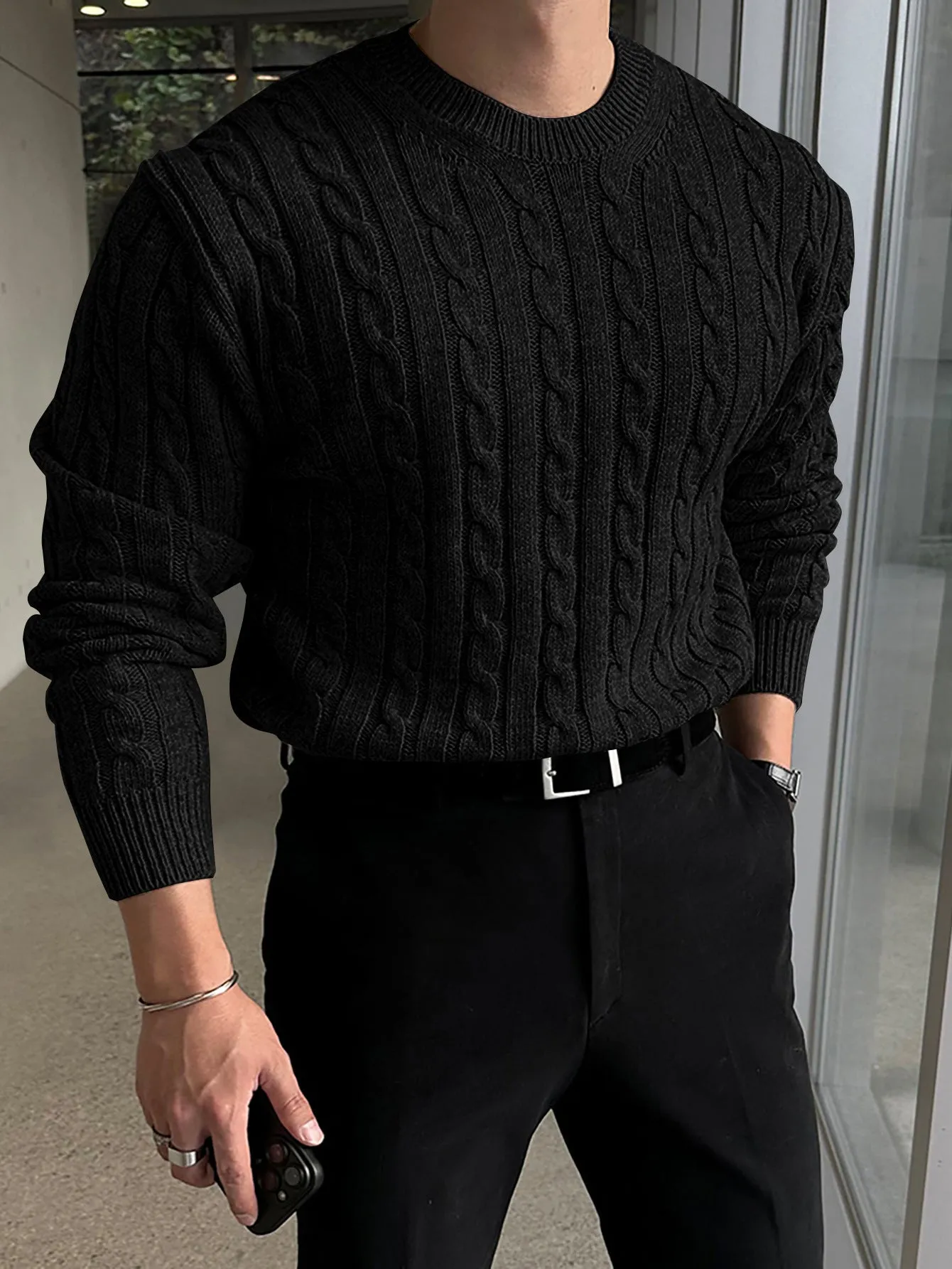 Thick knit turtleneck sweater for men in light gray, autumn winter casual pullover style