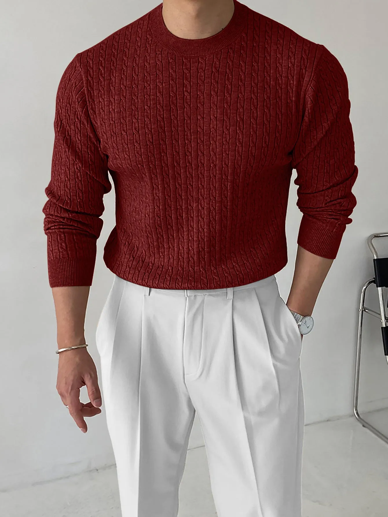 Thick knit turtleneck sweater for men in light gray, autumn winter casual pullover style