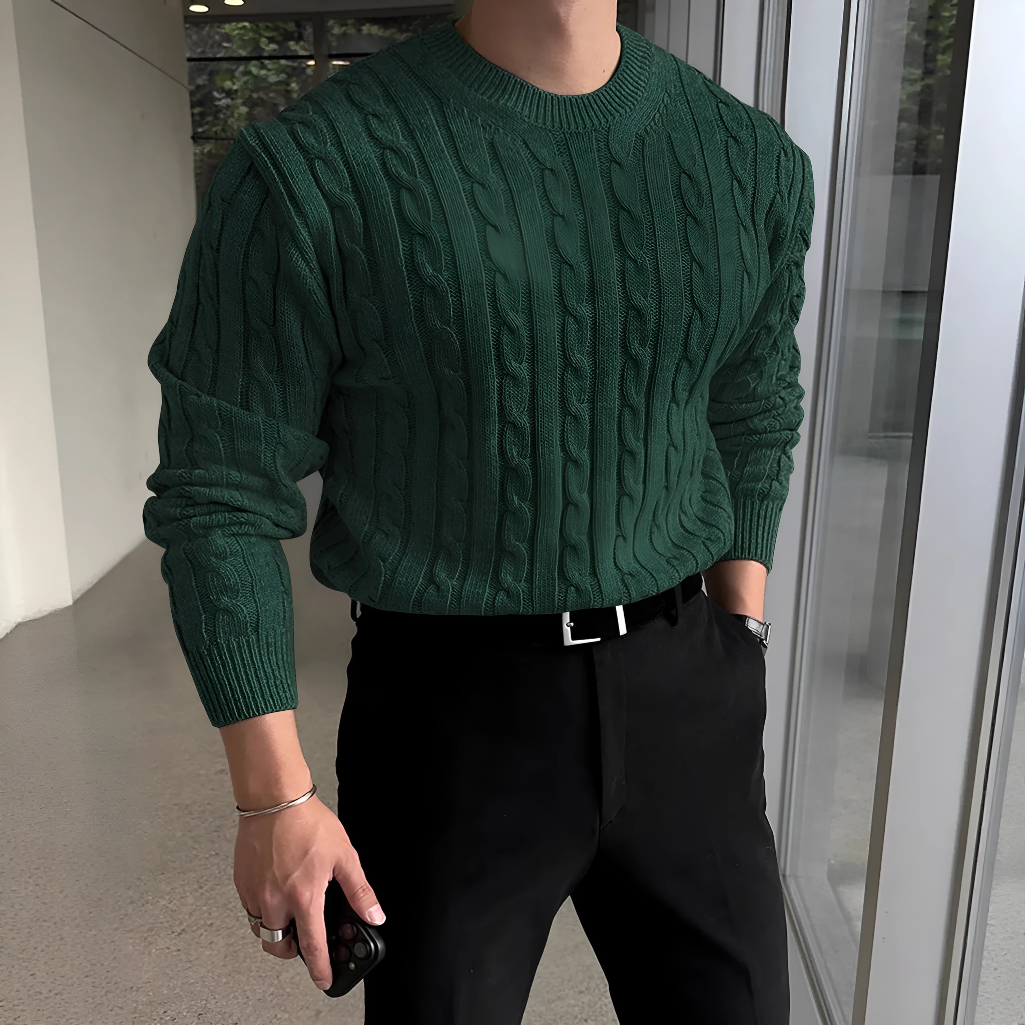 Thick knit turtleneck sweater for men in light gray, autumn winter casual pullover style
