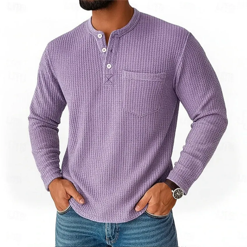 Men's long sleeve Henley shirt casual jacket with collar button in light gray, lightweight chemical fibre blend