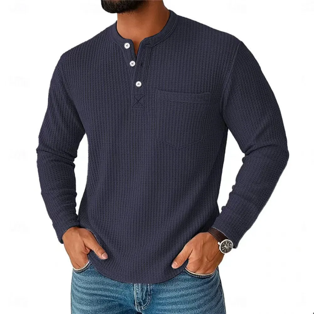 Men's long sleeve Henley shirt casual jacket with collar button in light gray, lightweight chemical fibre blend