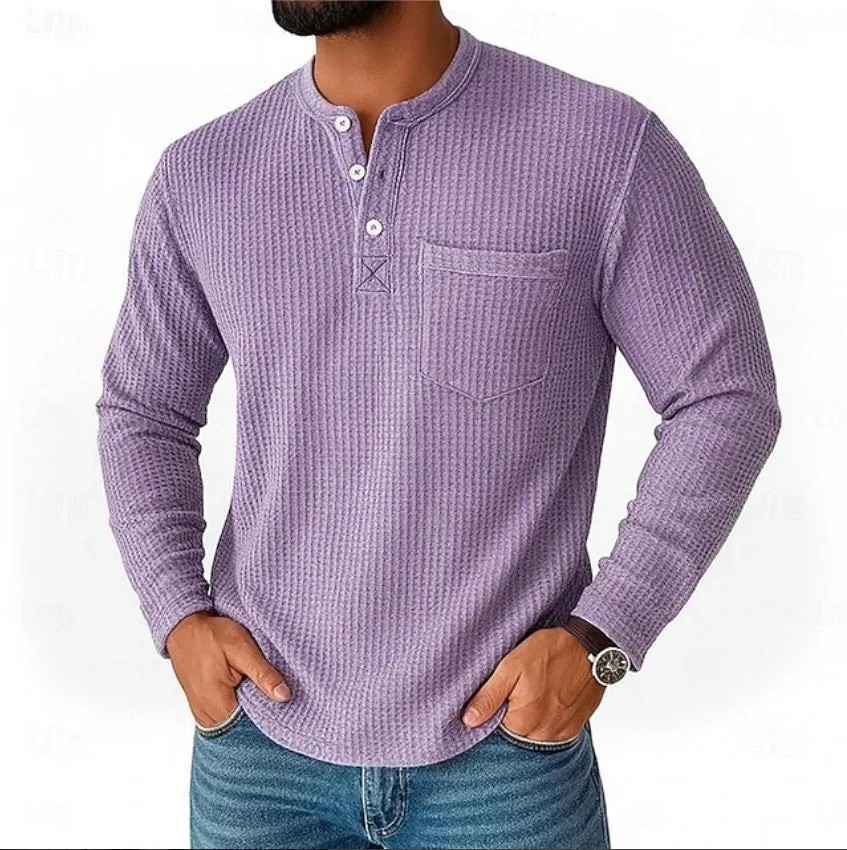 Men's long sleeve Henley shirt casual jacket with collar button in light gray, lightweight chemical fibre blend