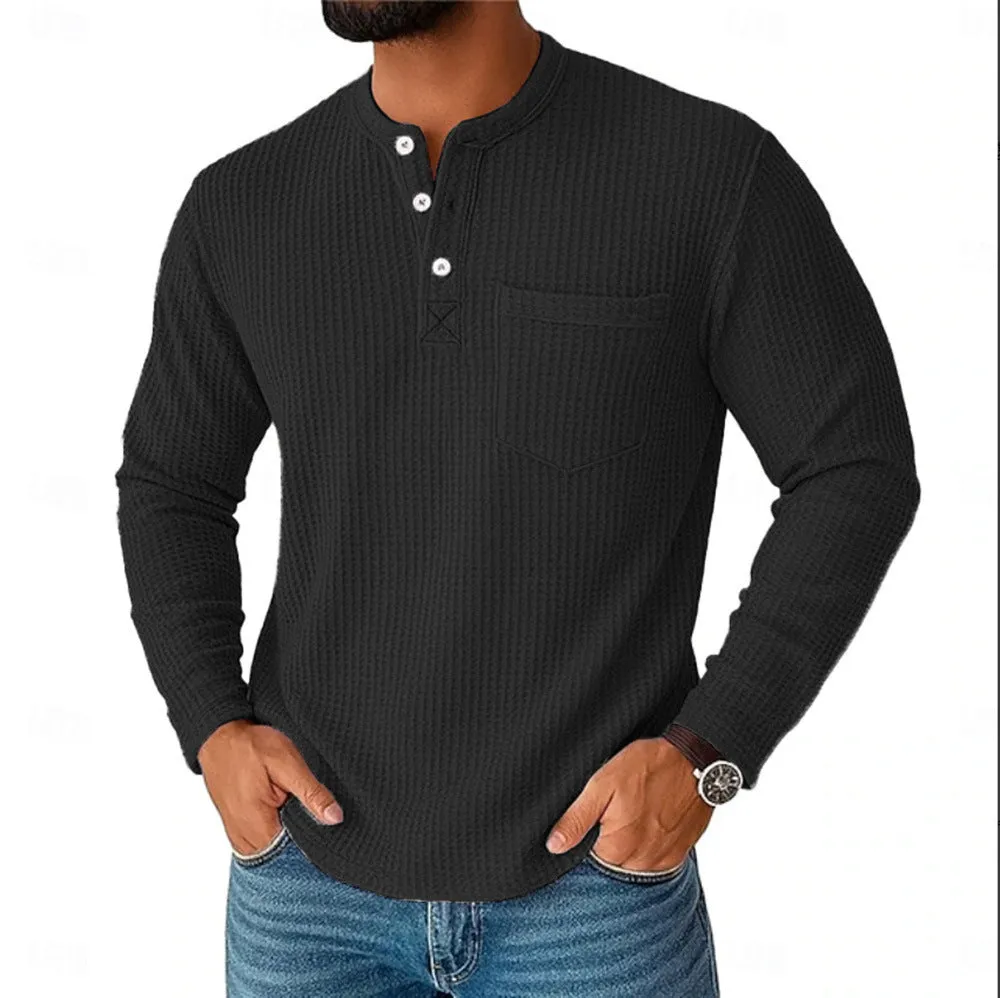 Men's long sleeve Henley shirt casual jacket with collar button in light gray, lightweight chemical fibre blend
