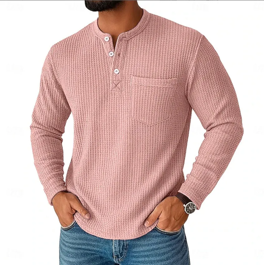 Men's long sleeve Henley shirt casual jacket with collar button in light gray, lightweight chemical fibre blend