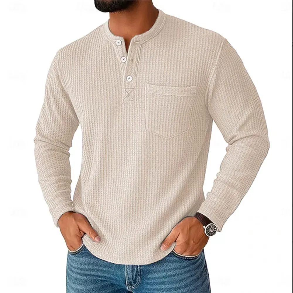 Men's long sleeve Henley shirt casual jacket with collar button in light gray, lightweight chemical fibre blend
