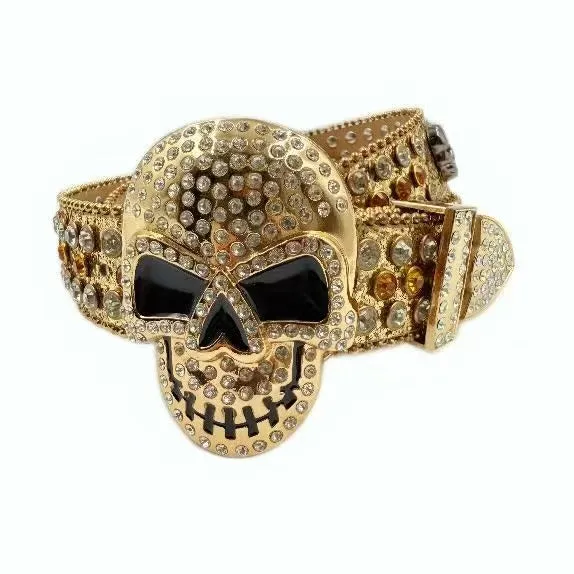 Skull buckle hip hop decoration belt in black, high quality PU with alloy buckle, 2-4cm wide