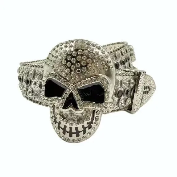 Skull buckle hip hop decoration belt in black, high quality PU with alloy buckle, 2-4cm wide