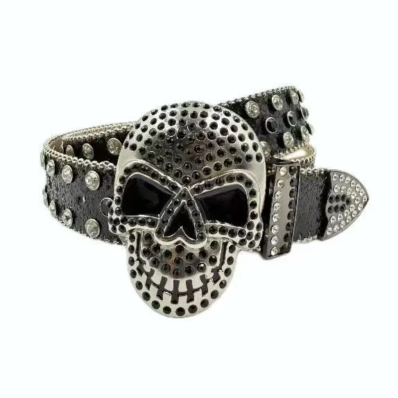 Skull buckle hip hop decoration belt in black, high quality PU with alloy buckle, 2-4cm wide