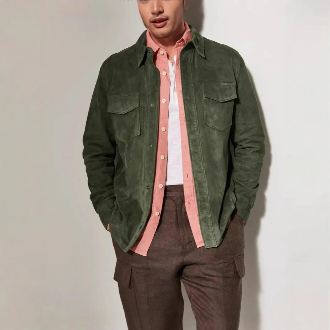 Noah suede shirt jacket for men in brown, front view, polyester fibre regular length