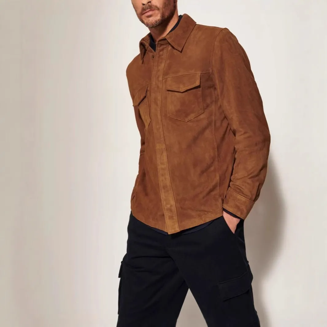 Noah suede shirt jacket for men in brown, front view, polyester fibre regular length